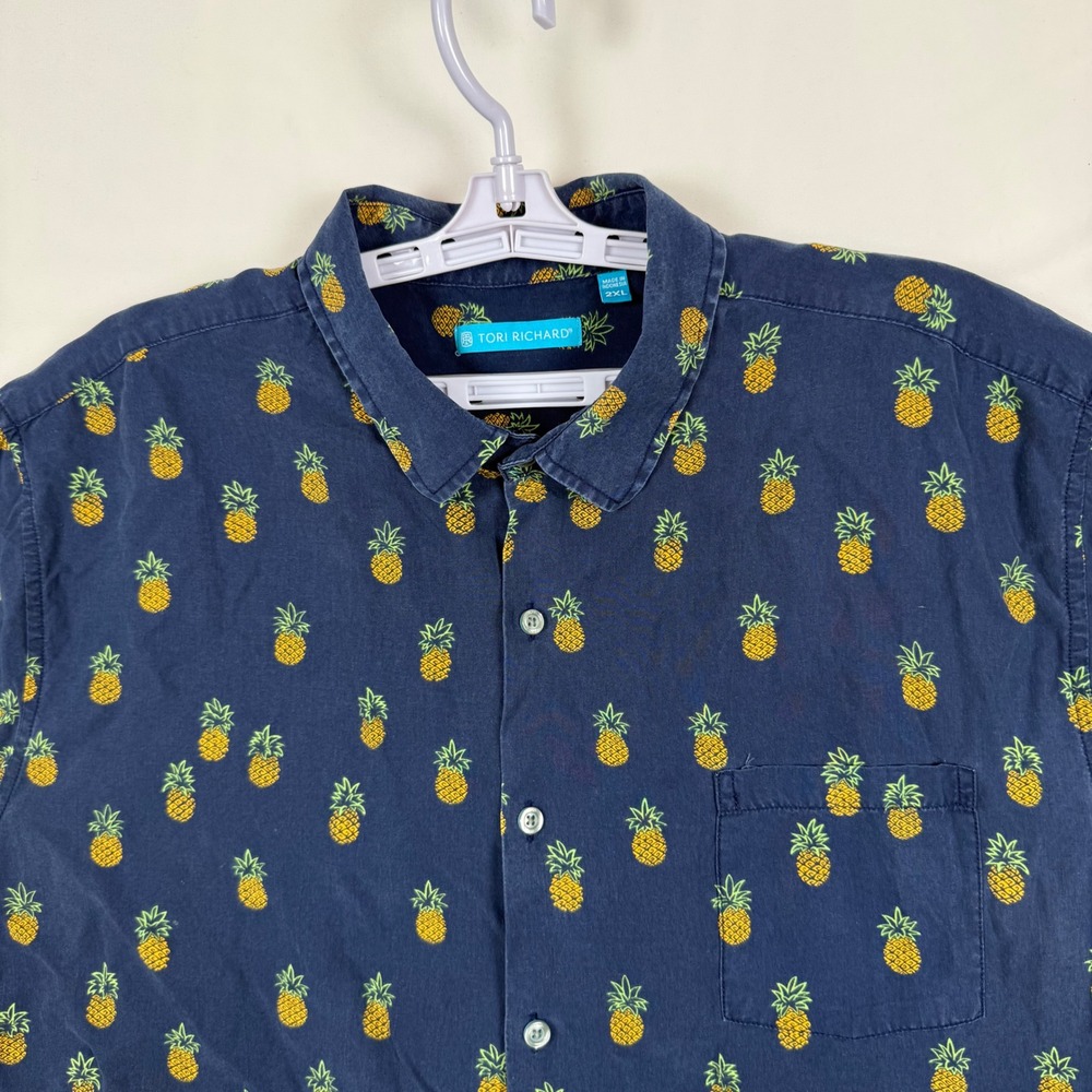 Tori Richard Mens 2XL Navy Blue Pineapple Print Short Sleeve Hawaiian Shirt